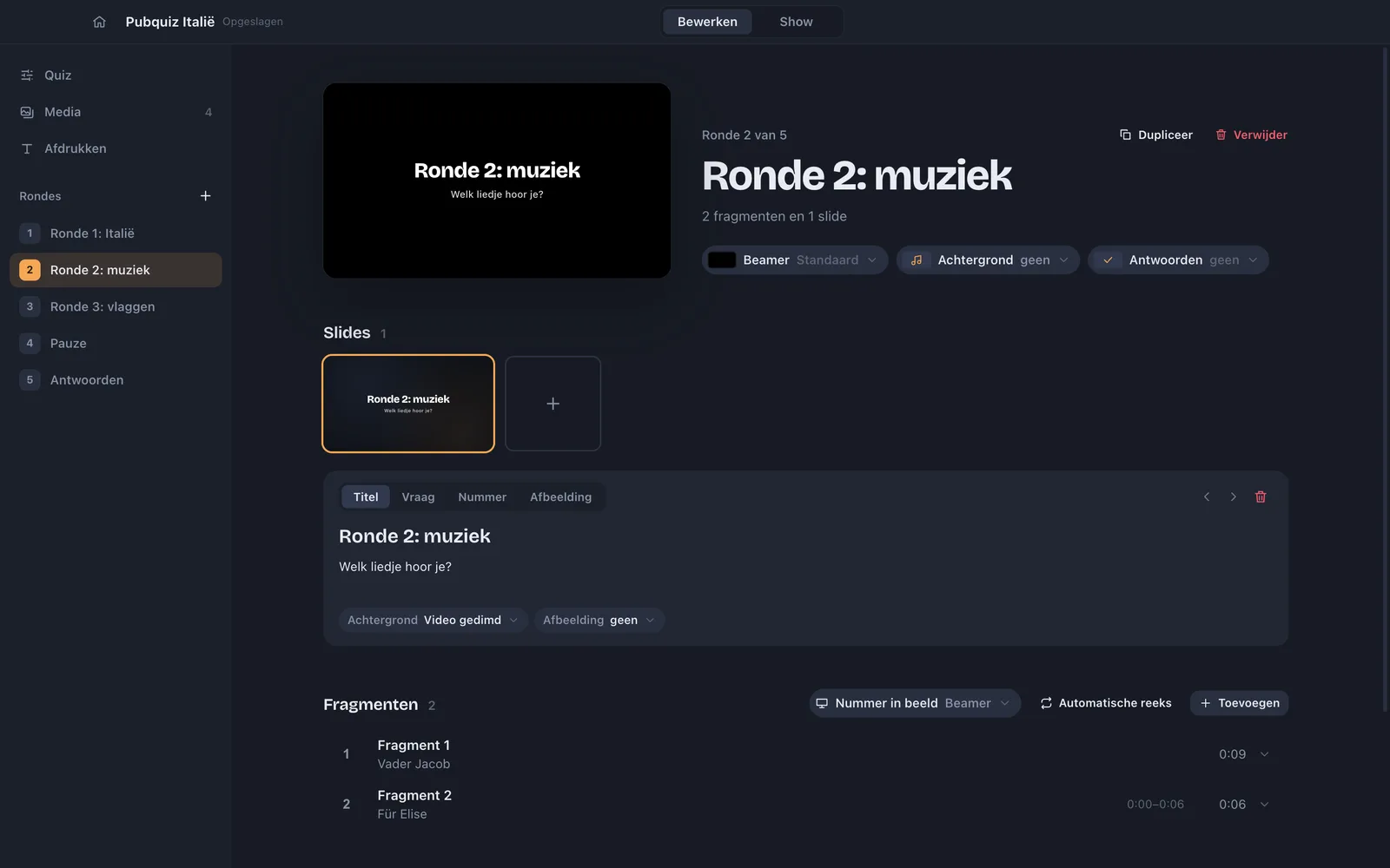 Een quiz over Italië die een AI heeft gemaakt, in de editor van QuizNote: vijf rondes, waaronder muziek en vlaggen.